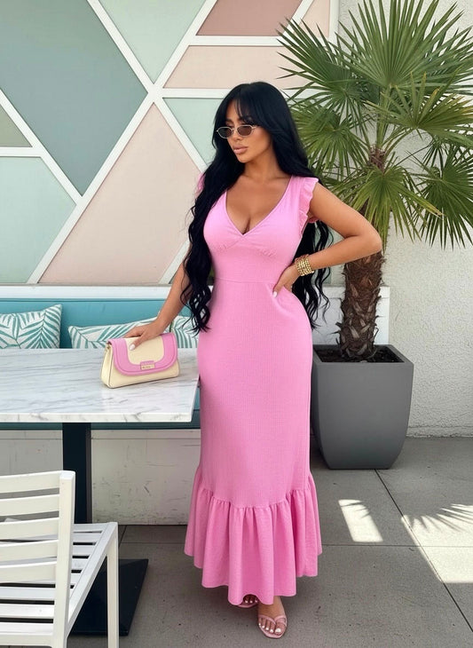 Ruffled V-Neck Cap Sleeve Maxi Dress