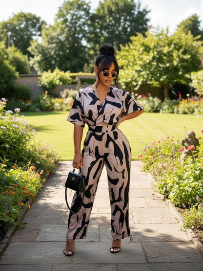 Printed V-Neck Short Sleeve Wide Leg Jumpsuit