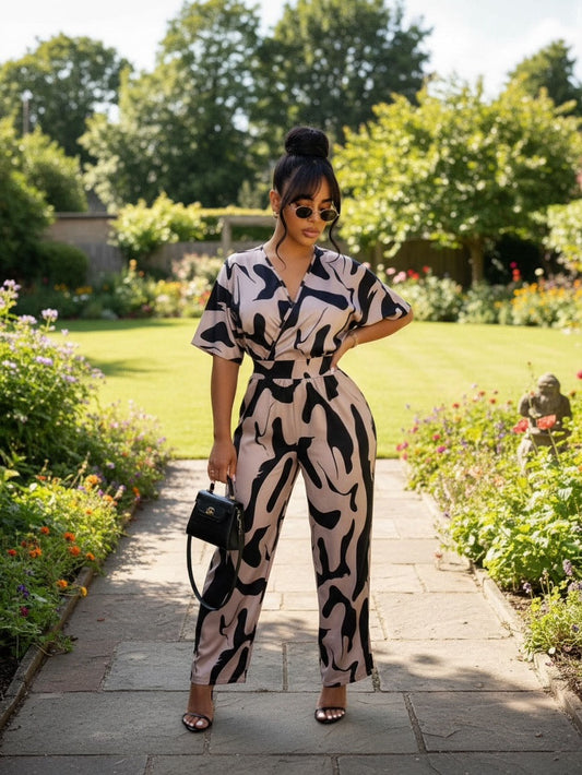 Printed V-Neck Short Sleeve Wide Leg Jumpsuit