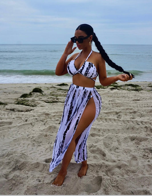 Printed Halter Neck Three-Piece Swim Set