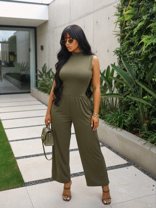 Mock Neck Sleeveless Wide Leg Jumpsuit