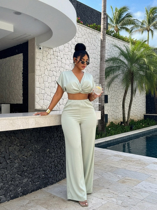 Twisted Front Short Sleeve Top and Wide Leg Pants Set