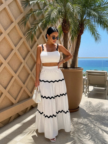 White Contrast Trim Cami and Maxi Skirt Set