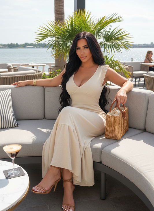 Ruffled V-Neck Cap Sleeve Maxi Dress
