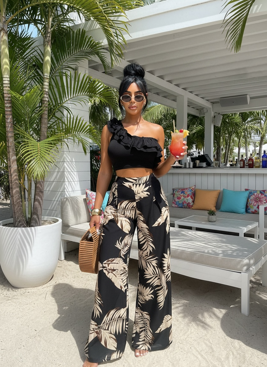 Ruffled Sleeveless Top and Printed Pants Set